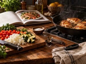 Common Cooking Mistakes That Ruin Dinner (And How to Fix Them) Common cooking mistakes: a home kitchen with a cookbook, cutting board and skillet