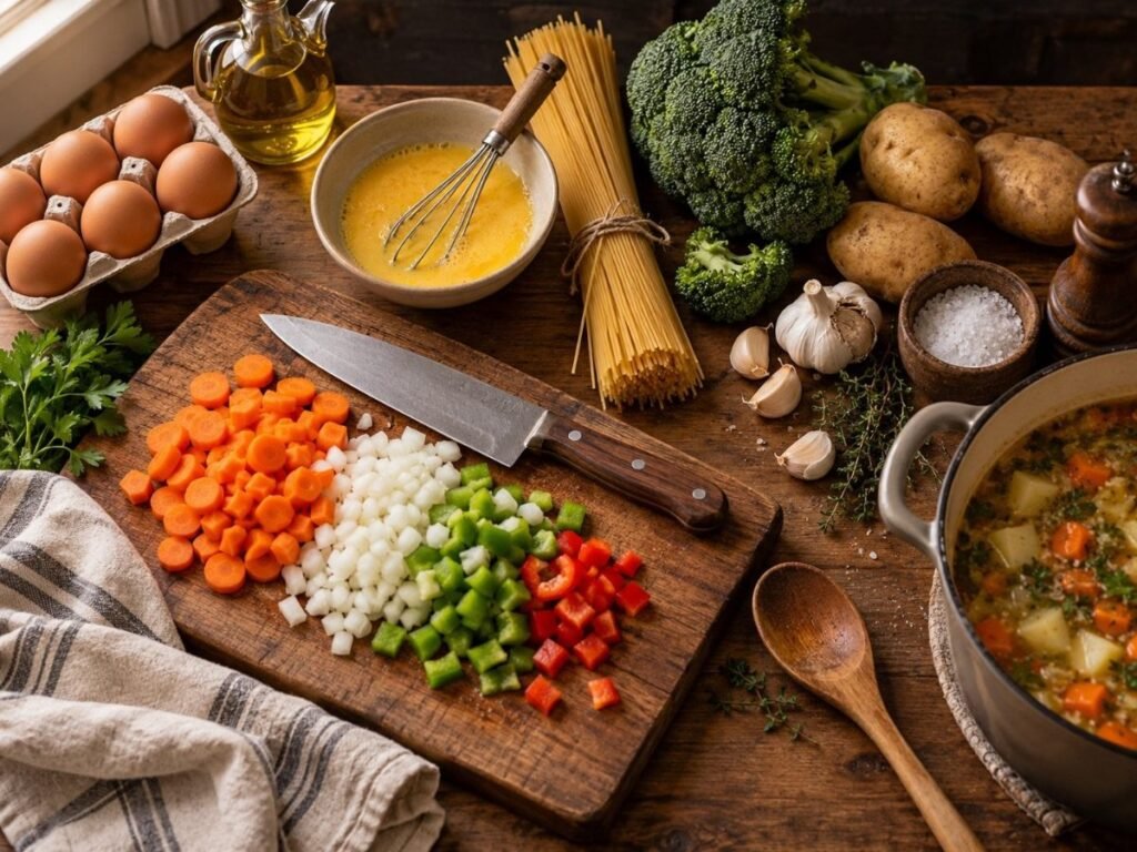 Kitchen counter with chopped vegetables, eggs, pasta and pantry staples for cooking from scratch