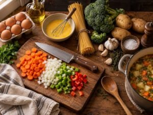 Beginner’s Guide to Cooking from Scratch (What to Cook First) Kitchen counter with chopped vegetables, eggs, pasta and pantry staples for cooking from scratch