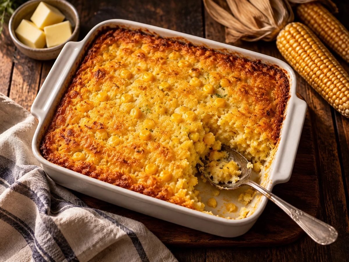 Golden corn casserole in a square baking dish with a scoop taken out