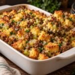 Cornbread sausage stuffing with celery, onion and parsley in a baking dish