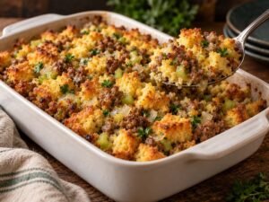 Cornbread sausage stuffing with celery, onion and parsley in a baking dish