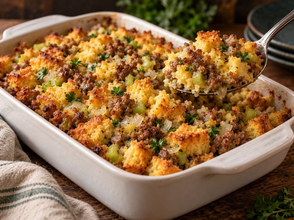Cornbread sausage stuffing with celery, onion and parsley in a baking dish