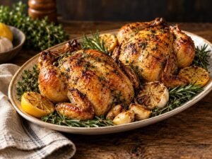 Cornish Hens (For Small Thanksgiving Gatherings) Roasted Cornish hens with herbs, lemon and garlic on a platter