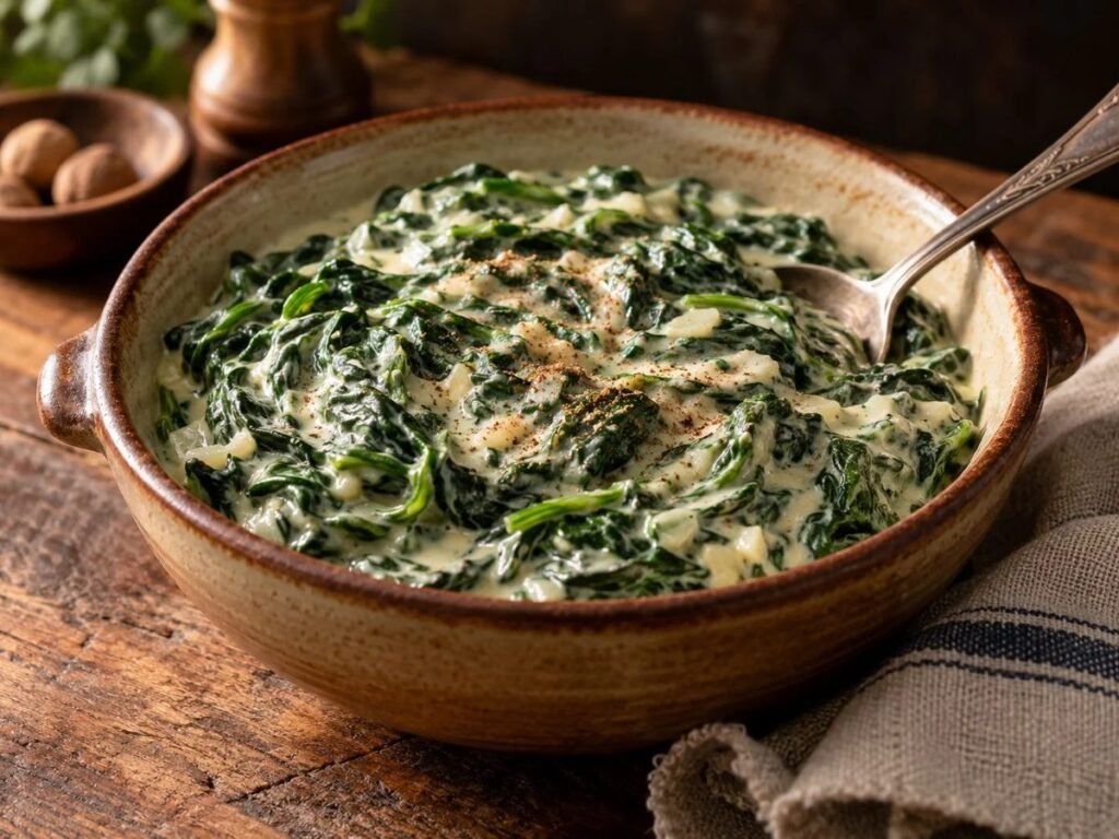 Creamed spinach in a serving bowl