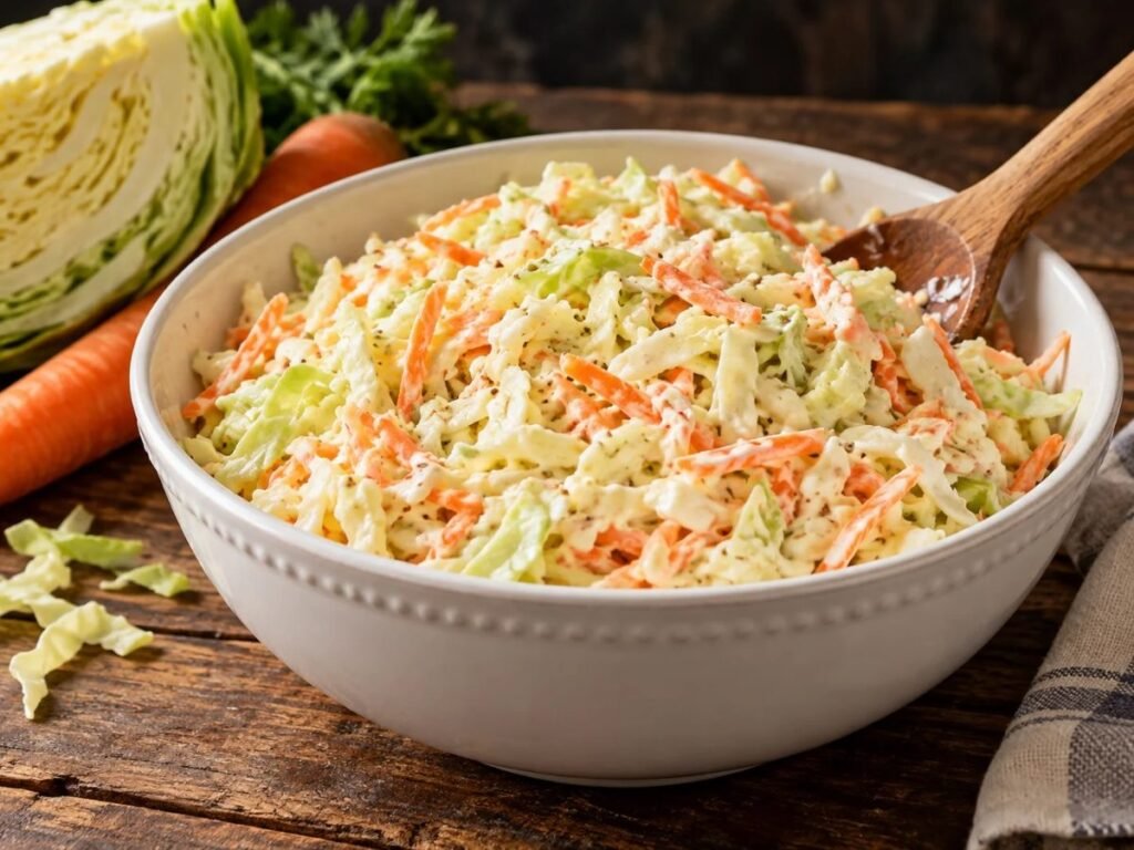 Creamy coleslaw with shredded cabbage and carrots in a bowl