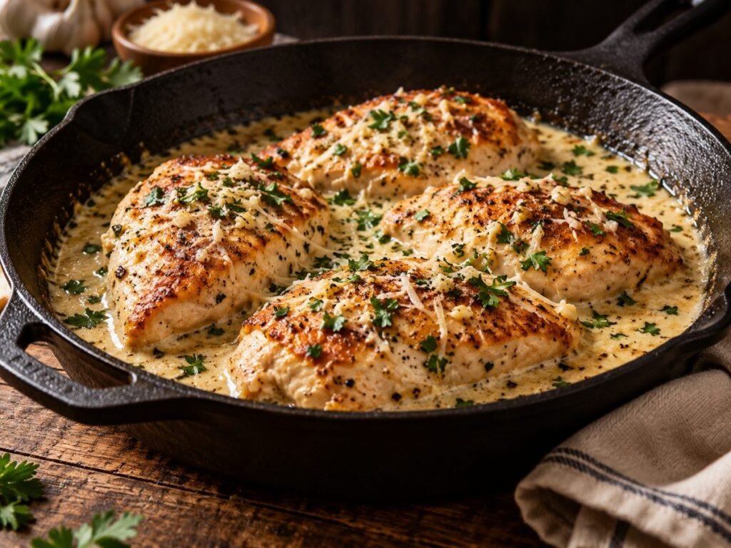 Seared chicken breasts in creamy garlic parmesan sauce in a skillet