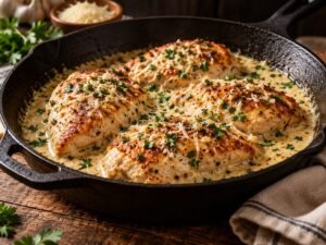 Seared chicken breasts in creamy garlic parmesan sauce in a skillet