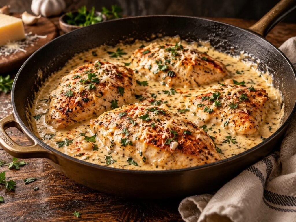 Creamy garlic Parmesan chicken in a lightened-up sauce with spinach