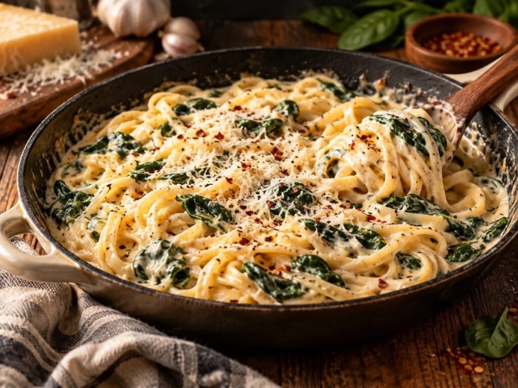 Creamy garlic pasta with spinach and Parmesan in a skillet