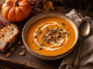Creamy pumpkin soup topped with a swirl of cream and pumpkin seeds