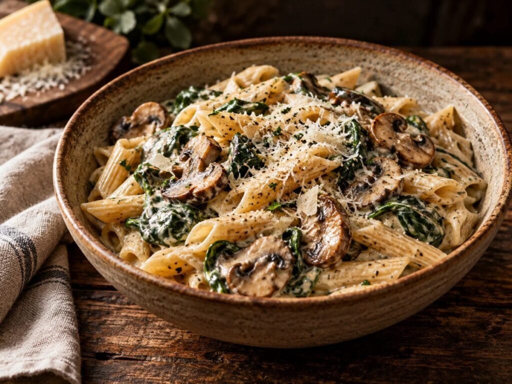 Creamy spinach mushroom pasta with Parmesan
