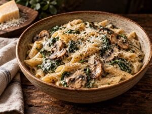 Creamy Spinach & Mushroom Pasta Creamy spinach mushroom pasta with Parmesan