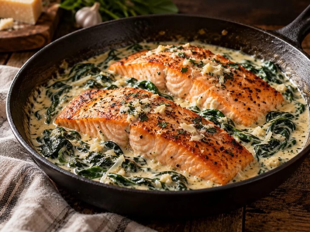 Pan-seared salmon fillets in a creamy spinach sauce in a skillet