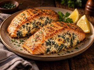 Creamy Spinach Stuffed Salmon Creamy spinach stuffed salmon fillets with a lemon wedge