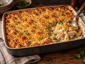 Creamy Tuna Pasta Bake Creamy tuna pasta bake with a golden breadcrumb topping