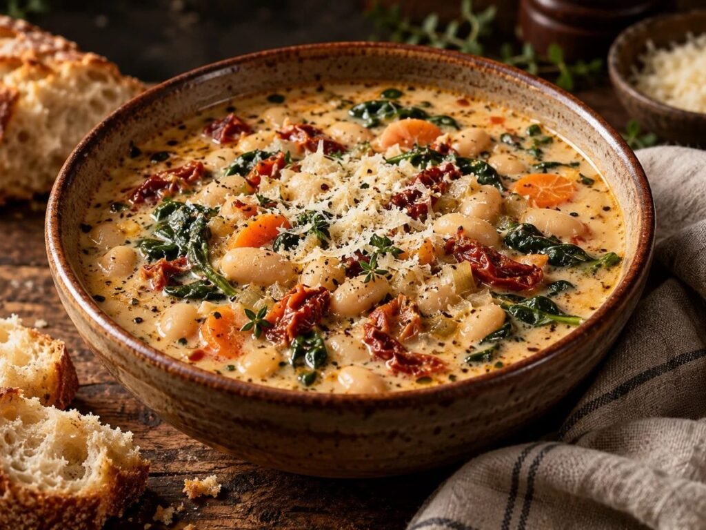 Creamy Tuscan white bean soup with spinach and sun-dried tomatoes