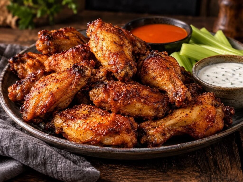 Crispy oven-baked wings with a dipping sauce