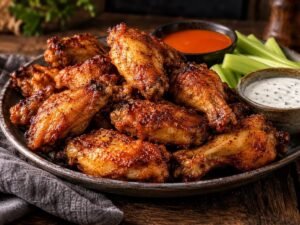 Crispy Oven-Baked Wings Crispy oven-baked wings with a dipping sauce
