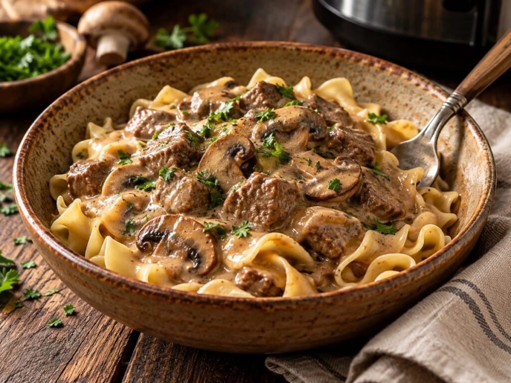 Crockpot beef and mushroom stroganoff over egg noodles in a bowl