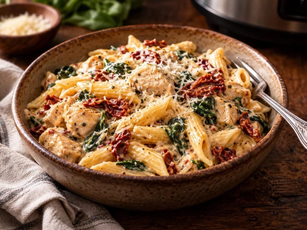 Crockpot creamy Tuscan pasta with chicken, spinach, sun-dried tomatoes and Parmesan