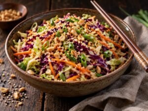 Crunchy Asian Cabbage Salad Crunchy Asian cabbage salad with shredded green and purple cabbage, carrots, peanuts and sesame seeds