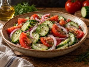 Cucumber Tomato Salad Cucumber tomato salad with red onion, fresh dill and cracked black pepper in a shallow bowl