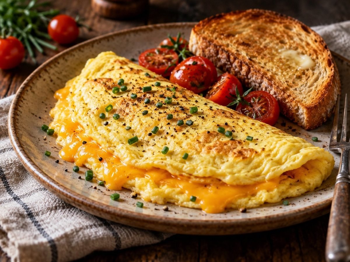 Folded cheese omelet with melted cheddar and chives on a plate