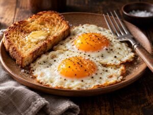 Easy Fried Eggs Two sunny-side up fried eggs with buttered toast on a plate