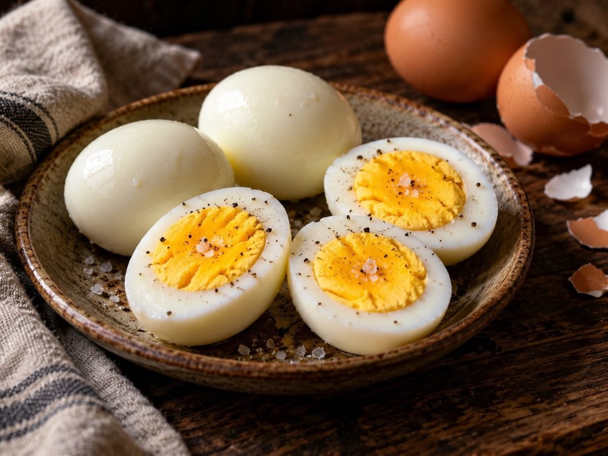 Hard-boiled eggs cut in half to show firm whites and bright yellow yolks