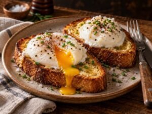Easy Poached Eggs Poached eggs on buttered toast with a runny yolk