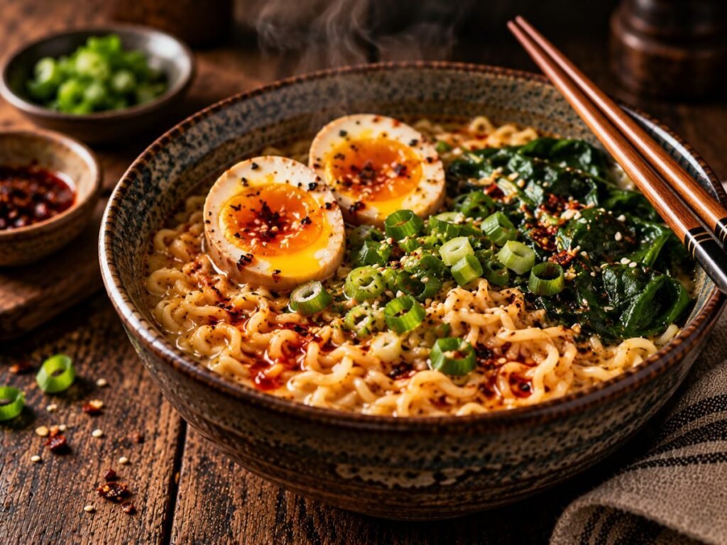 Upgraded instant ramen with a soft-boiled egg, spinach, and green onions
