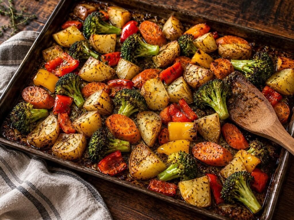 Roasted potatoes, carrots, broccoli and bell peppers on a sheet pan