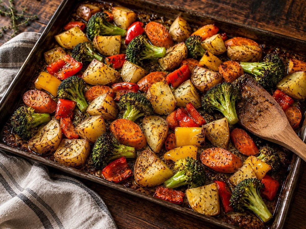 Roasted potatoes, carrots, broccoli and bell peppers on a sheet pan