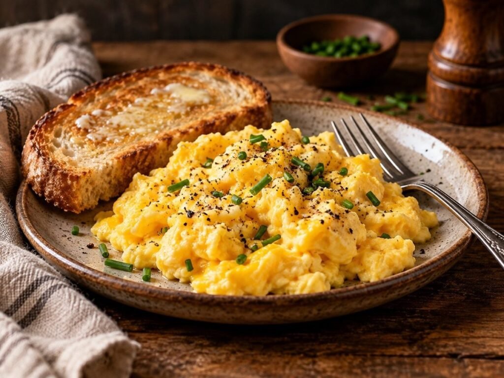 Soft, fluffy scrambled eggs with chives on a plate with buttered toast