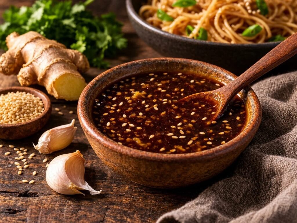 Sesame ginger sauce with sesame seeds in a small bowl