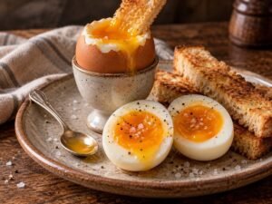 Easy Soft-Boiled Eggs Soft-boiled eggs with jammy yolks and one in an egg cup with toast