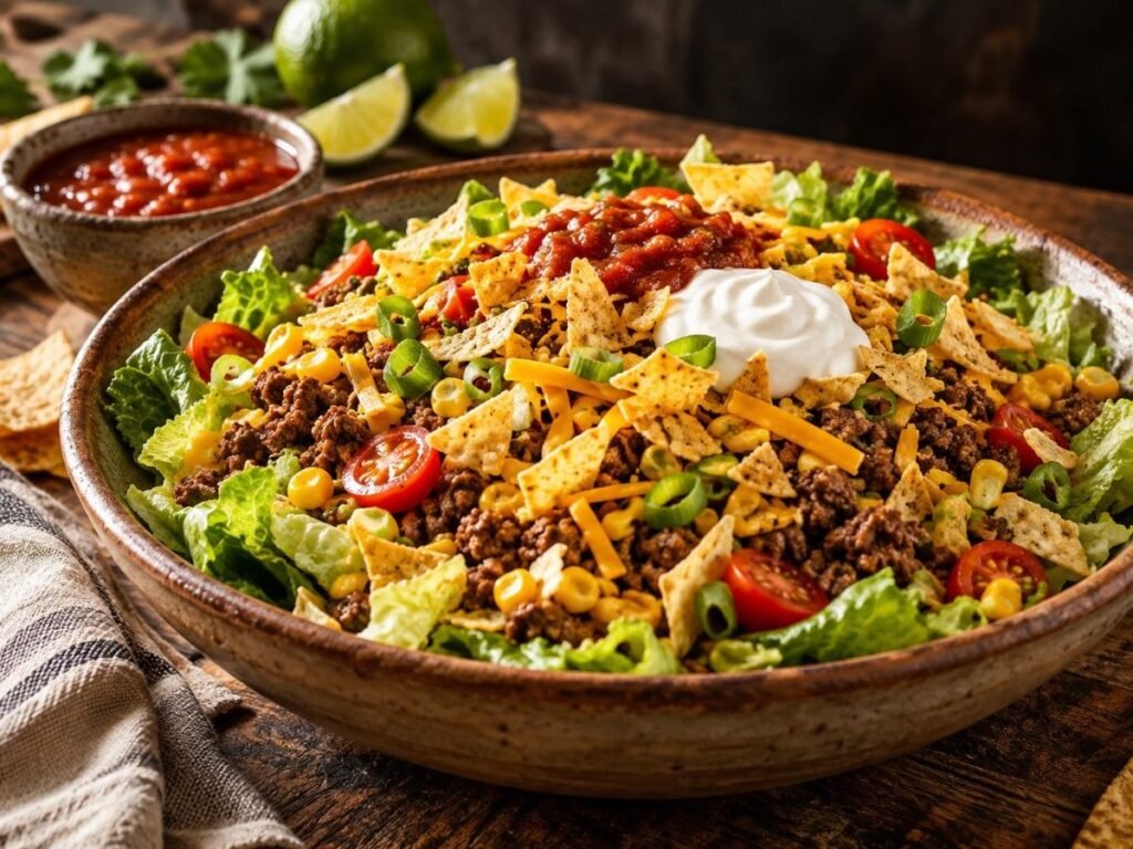 Taco salad with seasoned ground beef, romaine, tomatoes, corn, cheddar and crushed tortilla chips