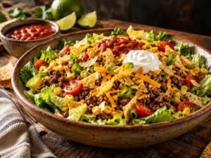Easy Taco Salad Taco salad with seasoned ground beef, romaine, tomatoes, corn, cheddar and crushed tortilla chips