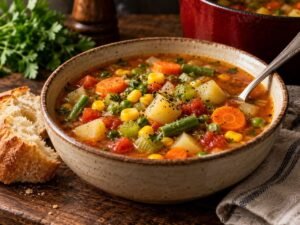 Easy Vegetable Soup Bowl of vegetable soup with potatoes, carrots, corn, peas and green beans