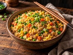 Veggie Fried Rice Veggie fried rice with peas, carrots, corn and scrambled egg