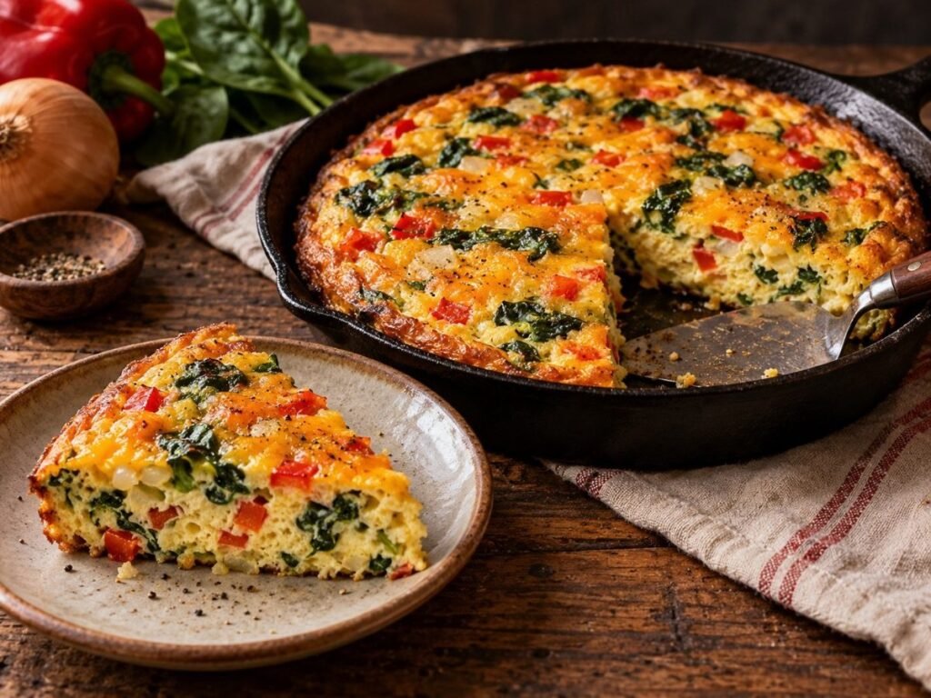 Veggie frittata with bell pepper, spinach and cheddar in a cast iron skillet