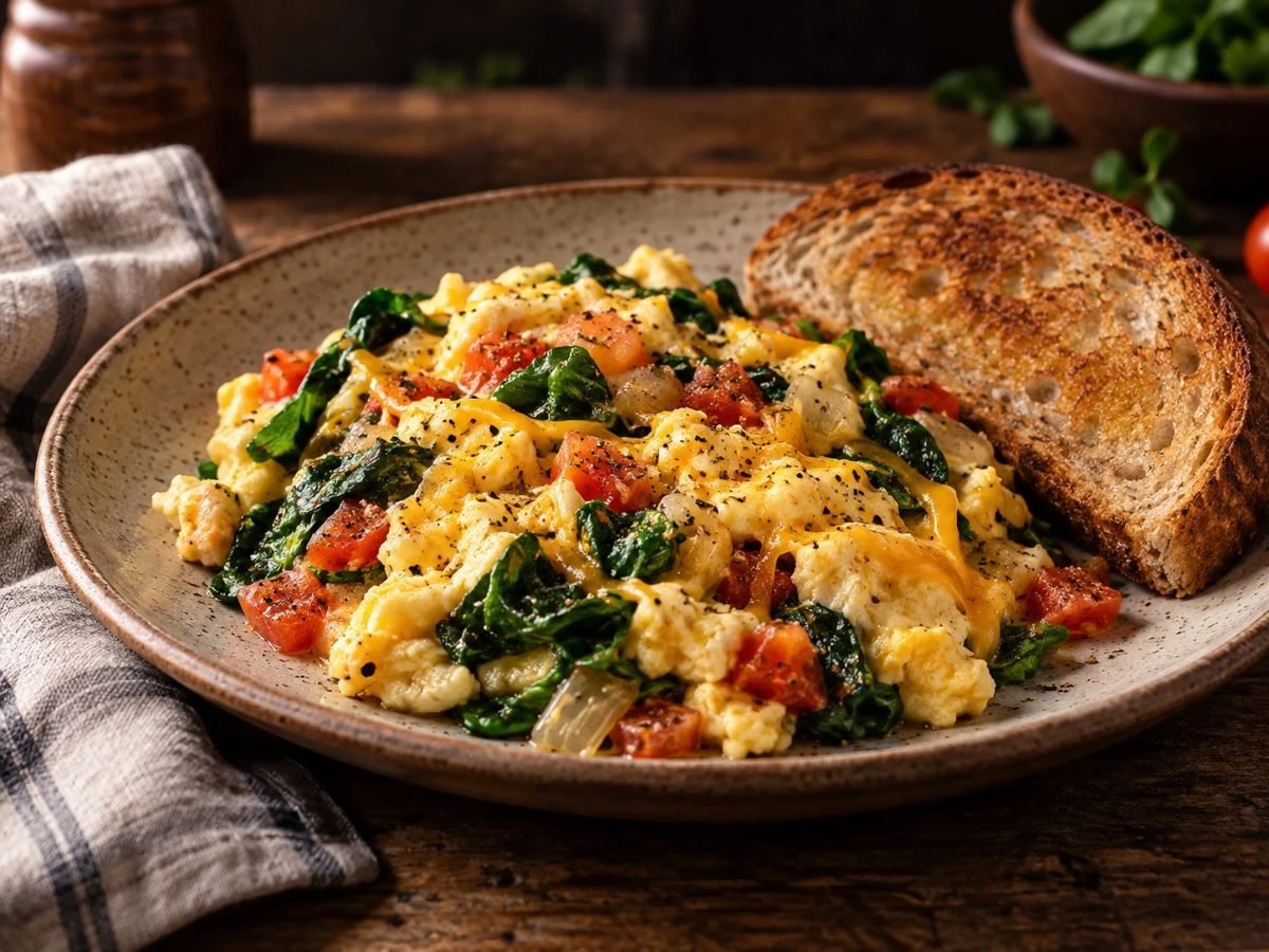Egg and veggie scramble with spinach, tomatoes and broccoli