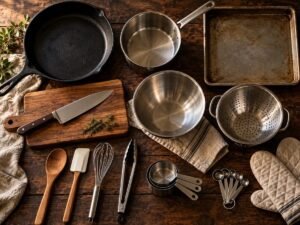 Essential Kitchen Tools Every Home Cook Should Have Essential kitchen tools, including a cast iron skillet, knife, cutting board, pots and utensils