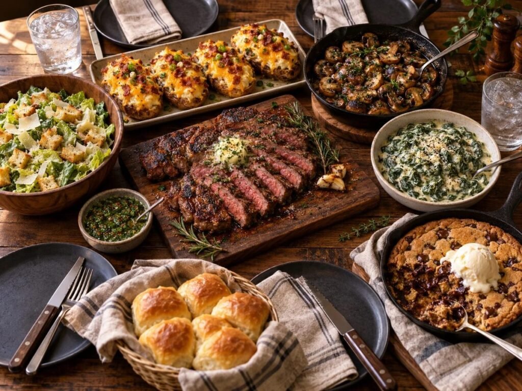 Steakhouse dinner at home with sliced steak, twice-baked potatoes, mushrooms, creamed spinach and Caesar salad