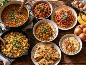 A week of budget family meals: lentil soup, chickpea curry, spaghetti, fried rice, quesadillas and oatmeal