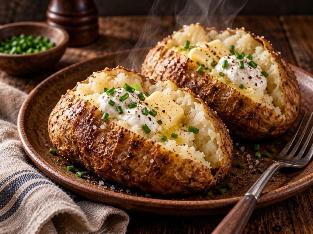 Baked potatoes with crisp skins split open with butter, sour cream and chives