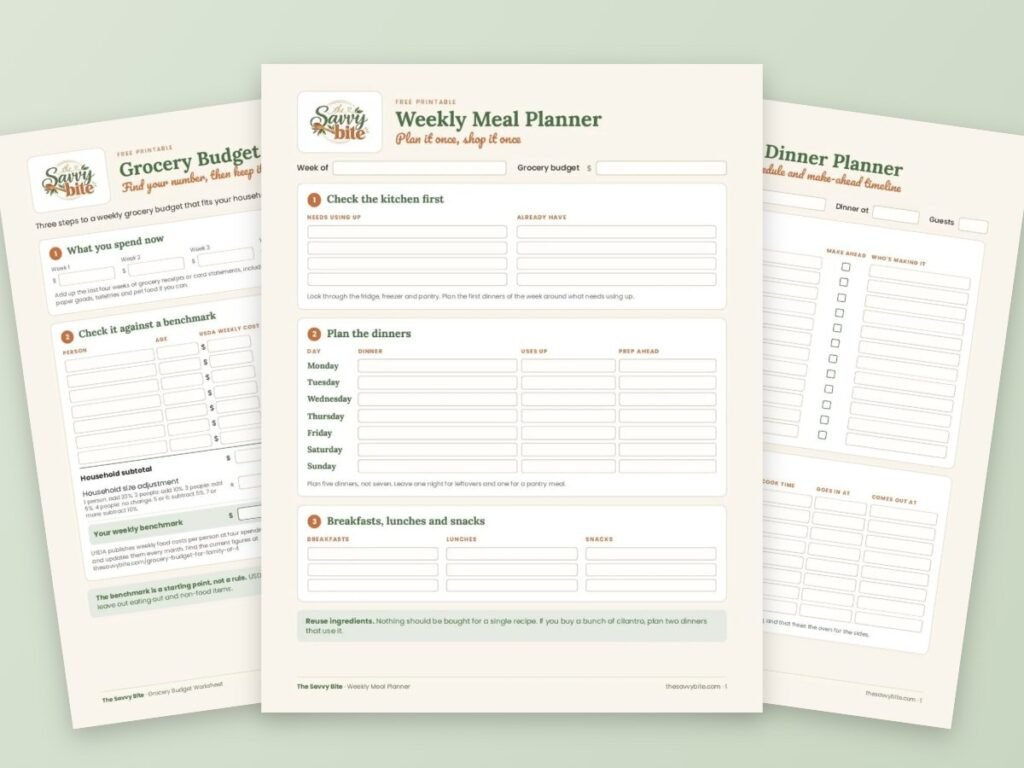 Free printable weekly meal planner, grocery budget worksheet and holiday dinner planner