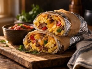 Freezer Breakfast Burritos Freezer breakfast burritos filled with eggs, sausage, peppers, and cheese