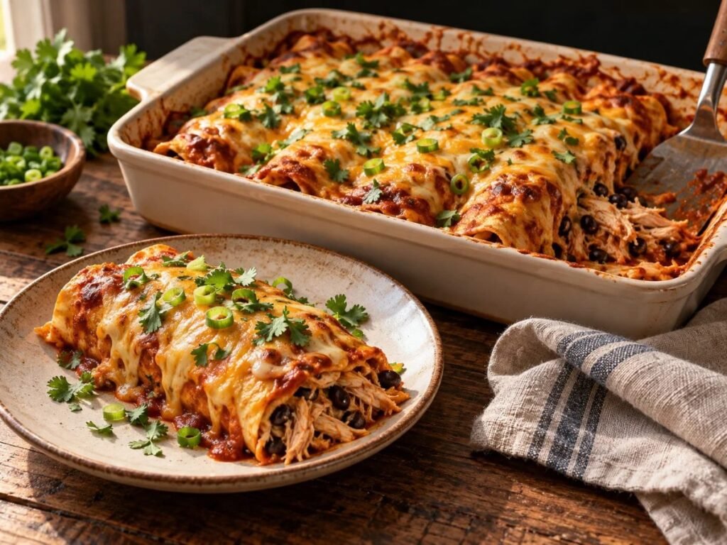 Chicken enchiladas with red sauce and melted cheese in a baking dish